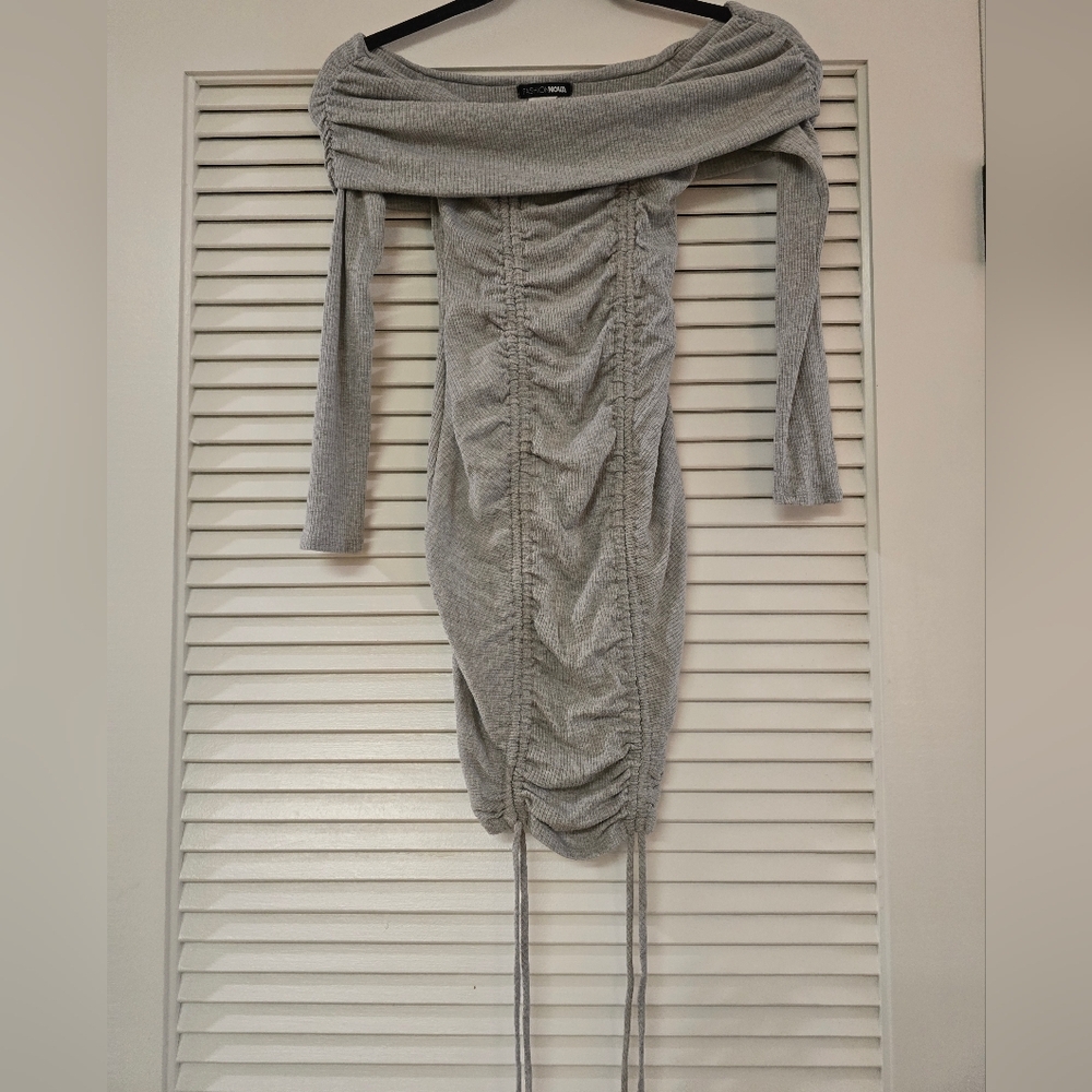 Fashion Nova - Grey Off- Shoulder Long-Sleeve Ruched Bodycon Ribbed Dress